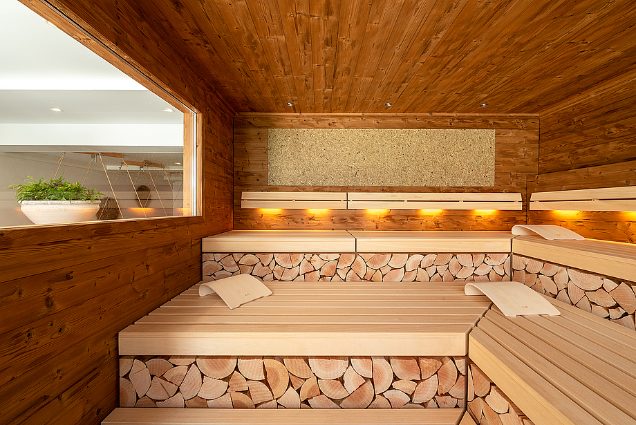 Wood sauna with windows and a panorama view