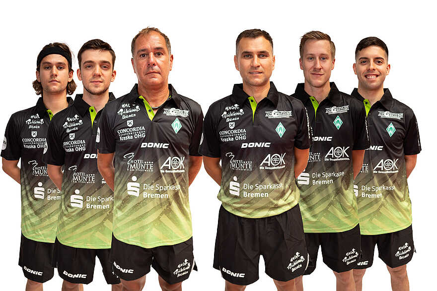 Teamfoto des SV Werder Bremen Tischtennis mit 7 Männern auf dem Foto in schwarz/neongrünen Trikots