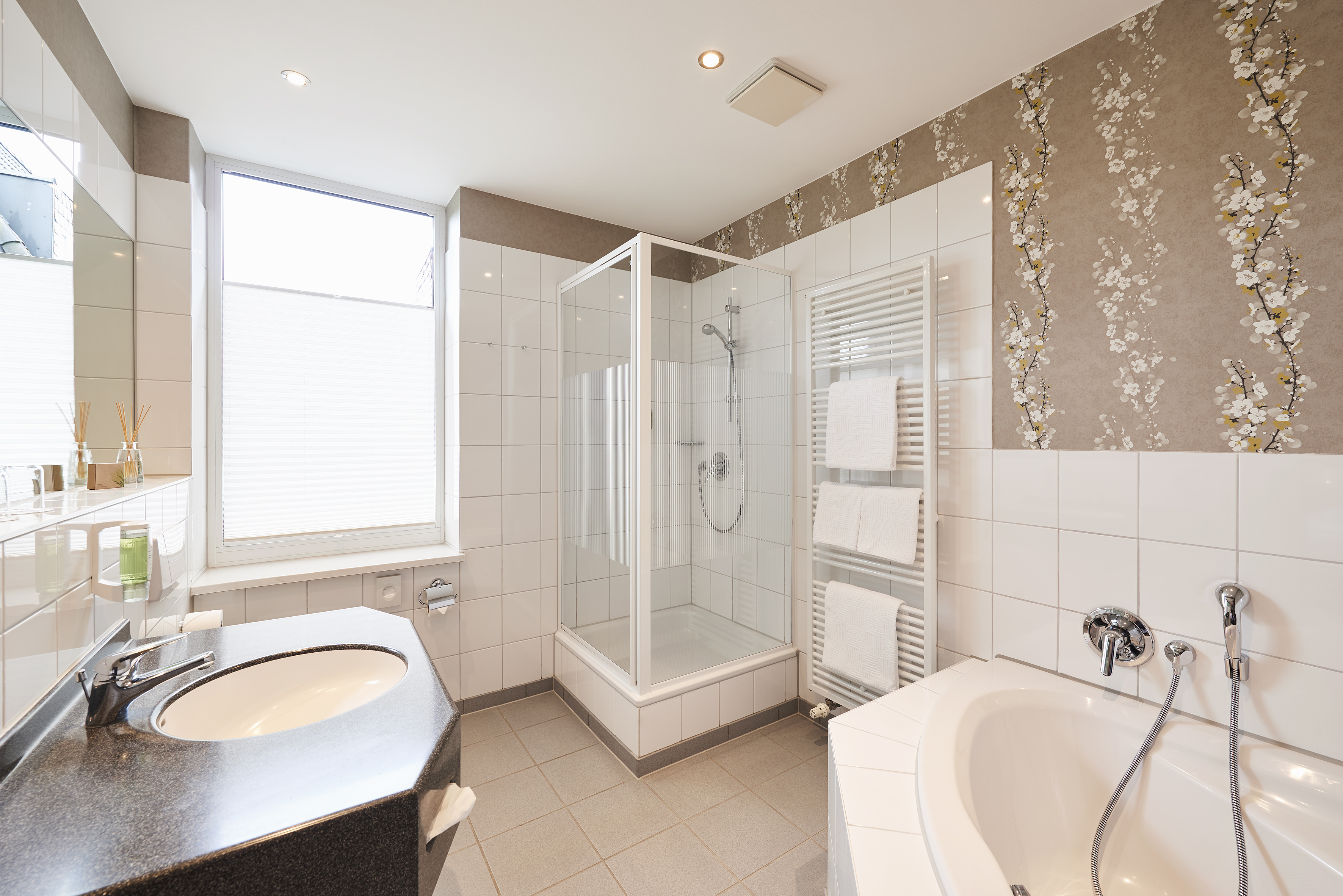 Badezimmerbeispiel - Suite mit Blick auf Dusche, Badewanne, Waschbecken und Fenster